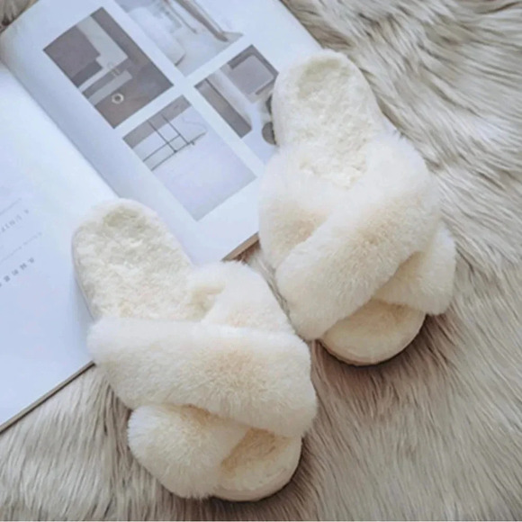 Shoes - Comfy Slippers Memory Foam Cross Band Open Toe Fuzzy Slides House Shoes